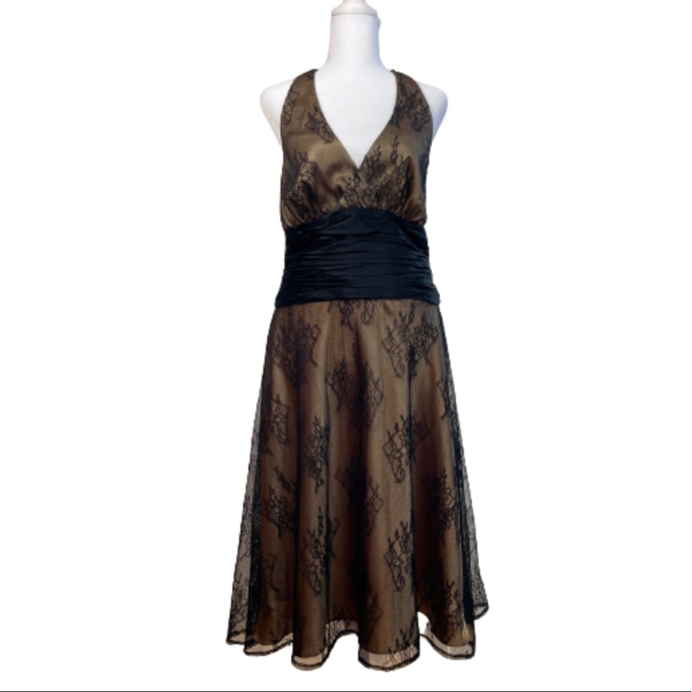 Jones New York Gold Black Floral Lace Overlay Halter Cocktail Prom Dress 12